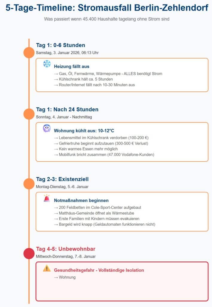 Timeline Stromausfall Berlin: 5 Tage ohne Strom führen zu Heizungsausfall, Evakuierungen und 6.800 Euro Schäden pro Haushalt